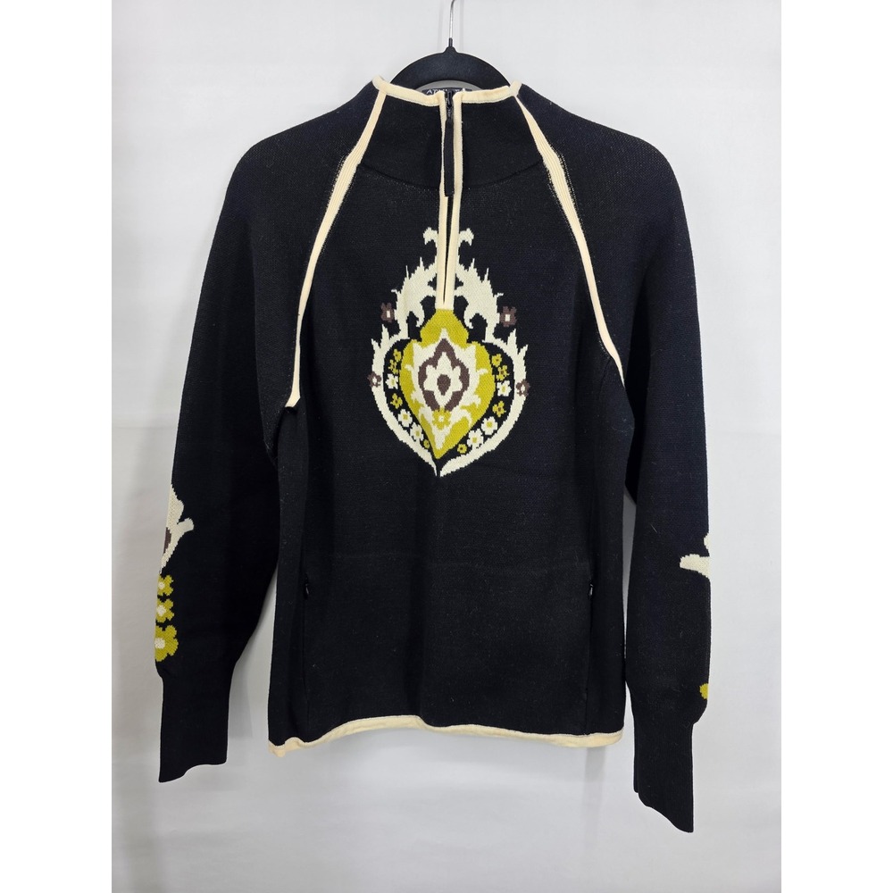 Athleta Womens Black Cotton Intarsia Medallion Quarter Zip Sweater Large Pockets